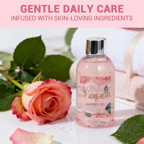 BODY & EARTH Spa Gift Set for Women - Luxurious 5 Pcs Bath and Body Box, Rose Scent, Includes Body Wash, Body Butter, Body Lotion and More, Birthday Mothers Day Gifts for Mom Self Care Kit for Her