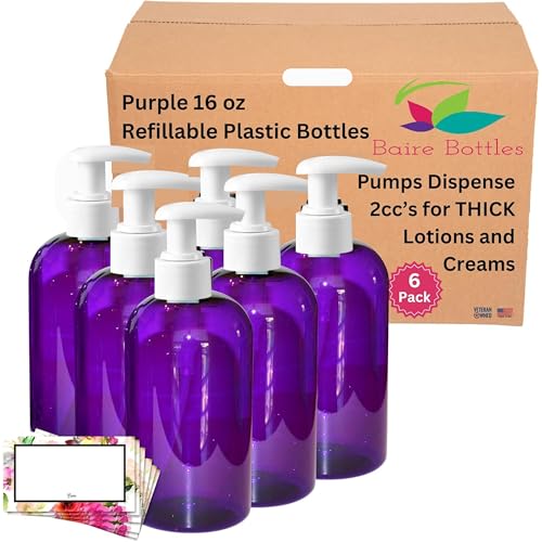 16 oz Empty Refillable Plastic Pump Bottles Dispenser for Thick Products 6 Pk, PET BPA Free, Refillable Shampoo Lotion Soap Labels USA (Purple, White Lotion Pumps, Floral Labels)