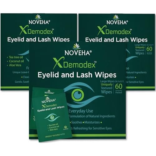 NOVEHA Demodex Eyelid & Lash Wipes | Box of 60 Individually Wrapped Extra Strength Cleansing Eyelash Wipes - Battles Irritated Eyes - Naturally Remove Debris (Pack of 3)