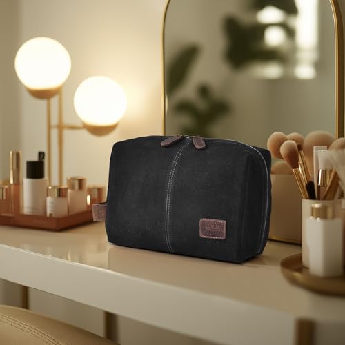 LEATHER VILLAGE Premium Leather Travel Toiletry Bag for Men & Women - Dopp Kit for Shaving & Bathroom Organizer for Travel & Daily Use - Black
