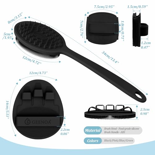 Silicone Back & Face Scrubber & Bath Glove Set 3PCS, 13.4'' Gentle Back Scrubber with Dual-Side Head, 360¡Æ Anti-Slip Bath Glove, Unique Side-bristled Face Scrubber for All-round Cleaning(Black)