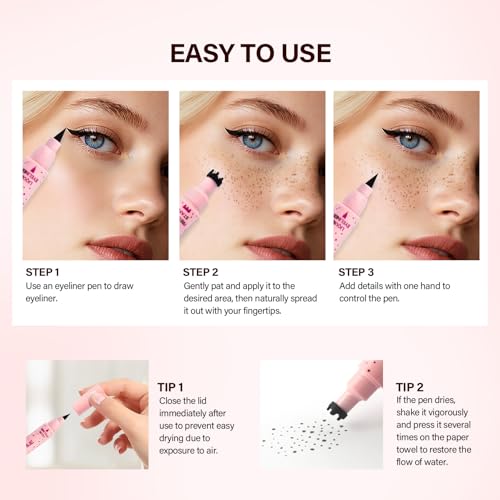 VOLLUCK 2 In 1 Dual Ended Freckle Stamp Pen & Eye Liners, Natural Faux Freckles Kit Liquid Eyeliner for Women, Long Lasting Face Freckles Pen Waterproof Makeup (Espresso)