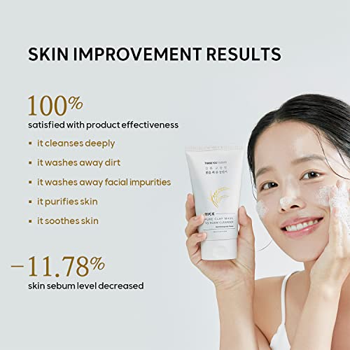 THANKYOU FARMER Rice Pure Clay Mask to Foam Cleanser, 1 Minute Clay Mask to Purify Pores, Foam Cleanse to Remove Excess Oil & Sebum, Deep Cleansing, Korean Skincare, Dermatologist Tested, 5.27 Fl oz