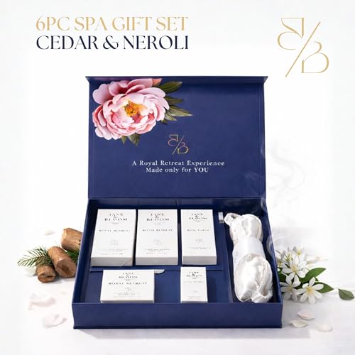 Royal Retreat Luxury Spa Gift Box, Cedar and Neroli Bath and Body Gift Set for Women, Relaxing Home Spa Kit with Bath Salt, Body Scrub, Body Oil, Hand Cream, Eye Mask and More
