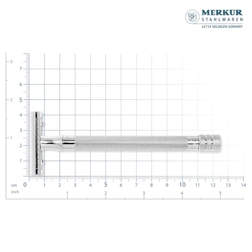 MERKUR 24C Safety Razor For Women with 10 Double Edge Blades | Extra Long Handle | Three-piece Razor | Straight Cut | Bright Chrome Finish | Made in Germany