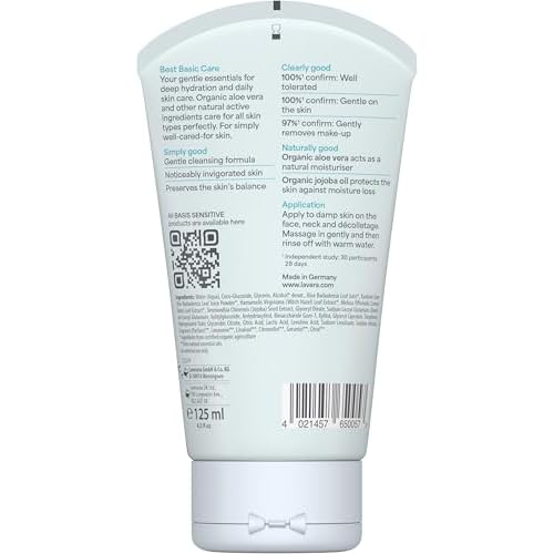 lavera basis sensitiv wash gel aloe vera & jojoba - Revitalizes & refreshes - Vegan plant active ingredients - natural cosmetics - Natural & innovative facial cleansing - 4.2 Fl Oz