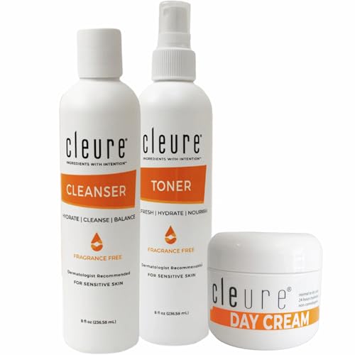 Cleure Sensitive Skincare Set ? Gentle Face Wash, Alcohol-Free Toner & Shea Butter Day Cream ? Facial Kit for Teens & Adults ? Fragrance-Free, Dermatologist Recommended, pH Balanced
