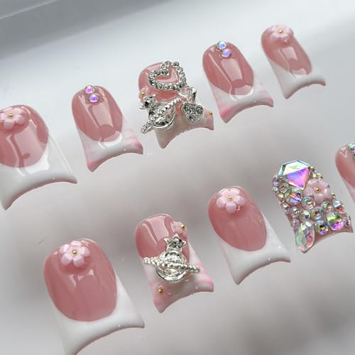 Luxury Press on Nails Short Duck Handmade 3D Unique Reusable ABS Material Fake Nails White French Tip False Nails with Designs Pink Flower Rhinestones Glossy Glue on Nail Thick Acrylic Nail(S)