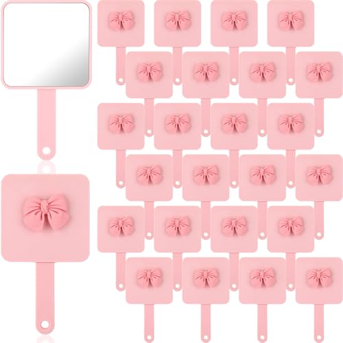 Amyhill 24pcs Coquette Pink Bow Party Favor, Handheld Mirror Bulk for Women Birthday Bridal Shower Graduation, Pocket Small Mini Hand Held Extendable Mirrors for Bag