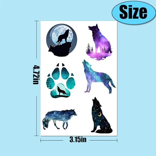 Galaxy Wolf Temporary Tattoo Sticker - 20 Sheet Wolf Themed Tattoos for Men, Women & Kids - Party Decoration Supplies & Favors