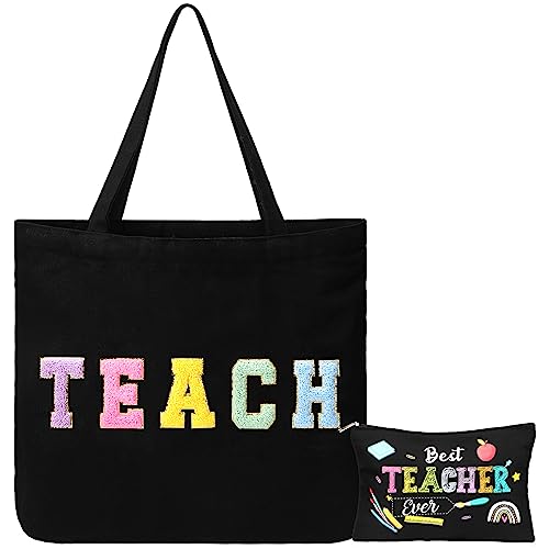 Silkfly 2 Pcs Teacher Appreciation Gifts Teacher Tote Bags Set Pouch Cosmetic Bag for Women Retirement Chenille Letter Patches Work Bag with Zipper Pocket Makeup