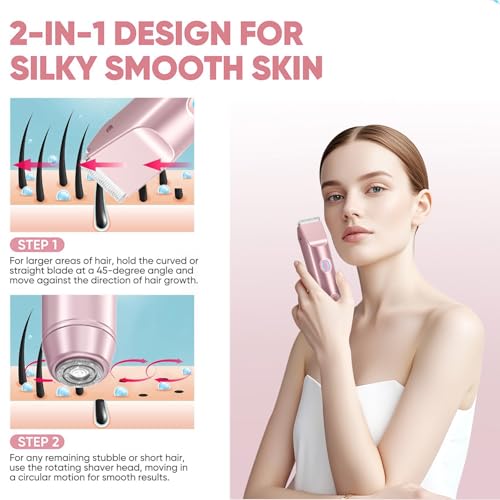 2 in 1 Women's Electric Shaver & Body Hair Trimmer - Waterproof Bikini/Intimate Shaver for Face, Armpits, Arms, Nose - Cordless Wet/Dry Use