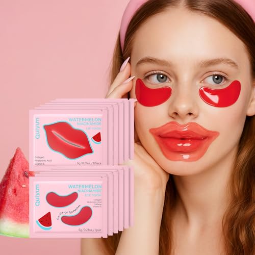 Watermelon Niacinamide Lip & Eye Mask Set - Hydrating Collagen Lip Masks + Eye Pads, Nourishing Skincare for Lips & Eyes (12 Packs)