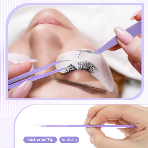 Honoson 9 Pieces Curved Pointed Craft Tweezers Stainless Steel Precision Tweezer with Protective Cover for Rhinestones Dried Flowers Craft Stickers Eyelash Extension Jewelry Making(Purple)