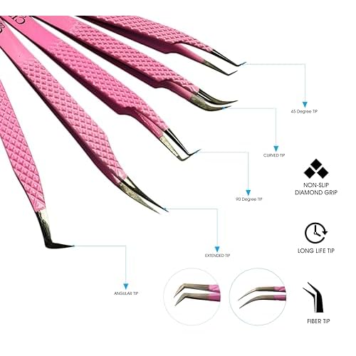Lash Tweezers For Eye Lash Extension set of 5 Precise Fiber Tip with Diamond Grip Complete set for Volume Lashes Pink