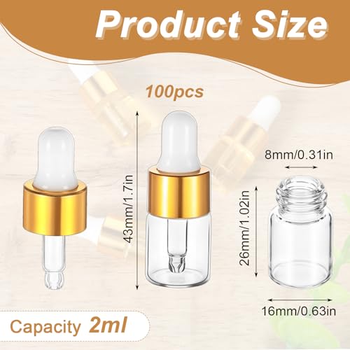 100 Pcs Mini Glass Oil Dropper Bottle Bulk, 2 ml Gold Clear Essential Small Empty Bottles Sample Containers Perfume Liquid Vials with Cap for Traveling