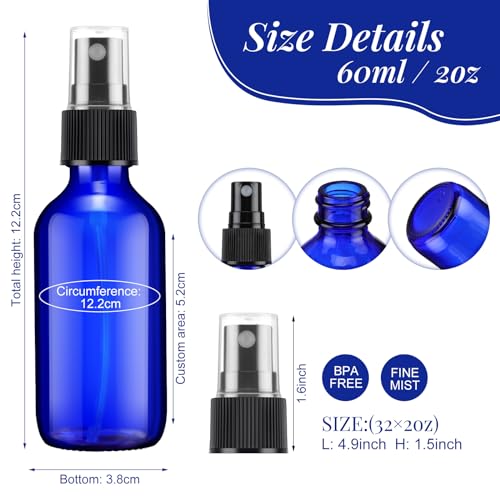 Eccliy 32 Pcs Glass Spray Bottles 2 oz for Essential Oils Small Fine Mist Refillable Mini Liquid Cosmetic Spray Bottles Containers for Travel Cleaning Skin Care Plants