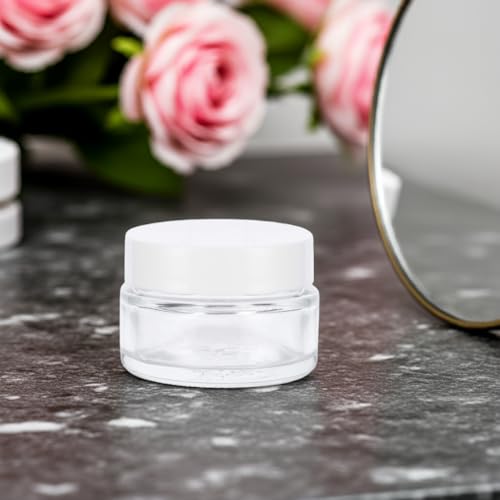 Clear Glass 0.50 oz / 15 ml Low Profile Thick Wall Balm Empty Jars (24 pack, White Smooth Foam Lined Lids)