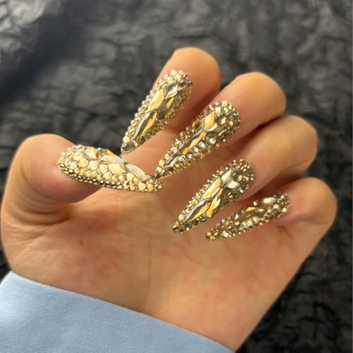 Trendy Handmade Press On Nails Long Stiletto Shape,10Pcs Bling Bling Acrylic Fake Nails with 3D Rhine Stone Luxury Design Stick On Nail for Woman Gift