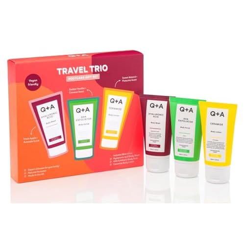Q+A Travel Trio Body Care Giftset, containing a Hyaluronic Acid Body Wash, AHA Exfoliator Body Scrub, and a Ceramide Body Lotion, each item 50ml