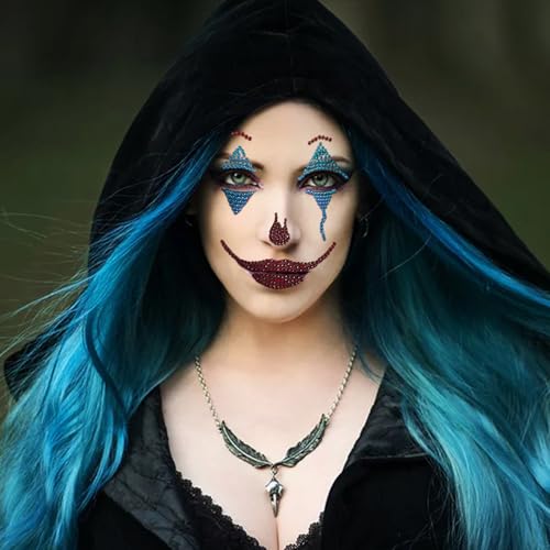2 Pcs Face Gems Jewels Tattoos Halloween Party Festival Rave Day of the Dead Temporary Rhinestone Crystal Stones Women Body Gems Makeup Stickers (Blue)