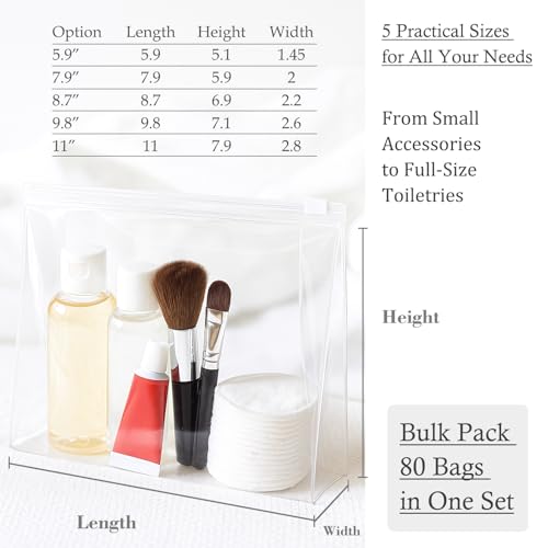 Circloophs Clear Makeup Bag, 80 Pack Large Cosmetic Bags with Zipper TSA Approved Travel Bags Bulk for Toiletries Plastic EVA Water-resistant Transparent Reusable Pouches for Bathing Suit Bikini, 11"