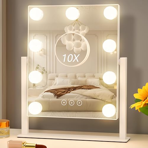 Vanity Mirror with Lights, Hollywood Vanity Makeup Mirror with 9 Dimmable LED Bulbs, 3 Color Lighting Modes, Detachable 10X Magnification, 360¡ÆRotation,White