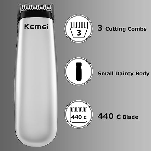 KEMEI Mini Hair Trimmer Compact, Portable Cordless Clipper for Men and Women, Precision Haircut and Shaving Tool Silver, Battery Powered and Travel Friendly