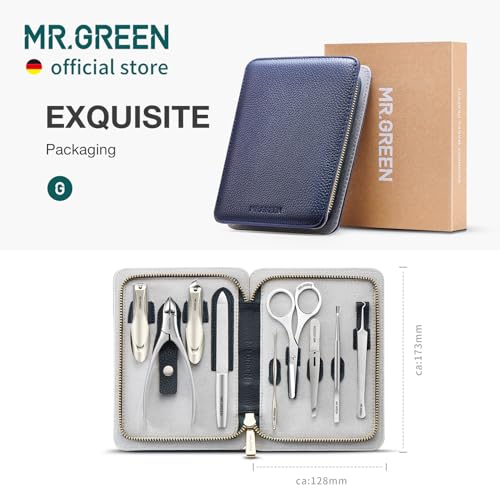 MR.GREEN Innate Luxury Manicure Set Surgical Grade Scissors Stainless nail clipper Kit full grain cow leather package Pedicure (9 in 1 Manicure Set)
