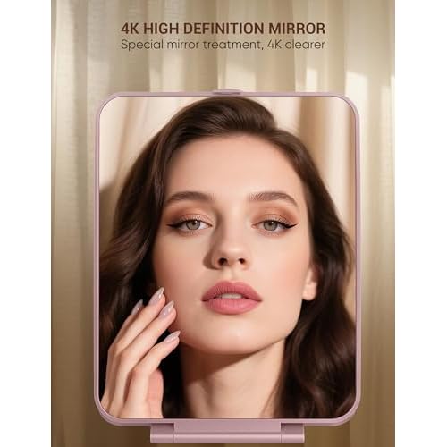 Travel Makeup Mirror with 1X/10X Magnifying, Portable Folding Make Up Tabletop Mirror for Office, Compact Vanity Mirror for Travel (Rose Pink, No LED Lights)