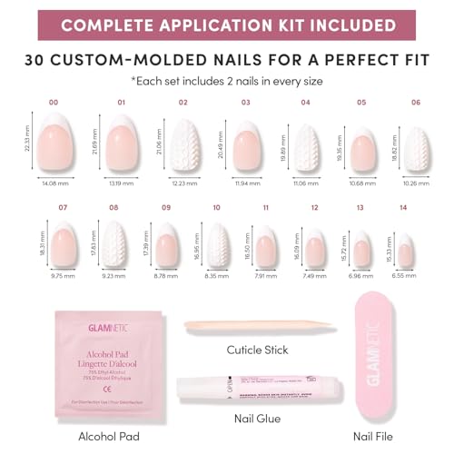 Glamnetic Press On Nails - Sweater Weather | Short Almond Fake Nails with White Glitter French Tips & 3D Designs in a Glossy Finish, Salon Quality Winter Nails | 15 Sizes - 30 Nail Kit with Glue