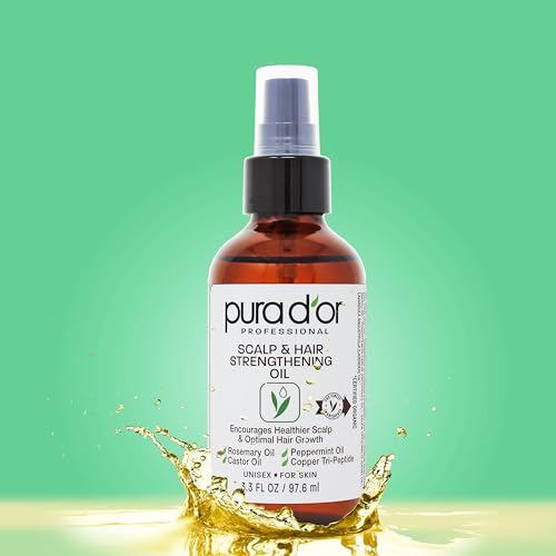 PURA D'OR Scalp & Hair Strengthening Oil (3.3oz x3 = 9.9oz) Supports Optimal Growth, Reduce Breakage, Nourish Roots for Healthier, Fuller, Thicker Hair - Rosemary, Castor & Peppermint Oil