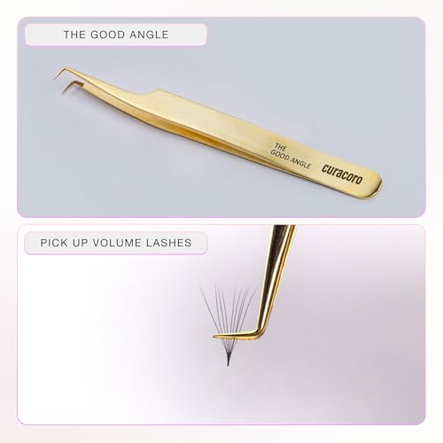 Curacoro Lash Tweezer - Professional & Precision Fiber Tip Grip Lash Tweezers for Eyelash Extensions, Multi Shapes & Purposes Tweezers for Volume, Isolation & Classic Lashes (Gold, The Good Angle)
