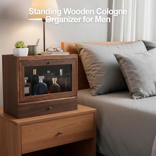 Cologne Organizer for Men,Nightstand Organizer,Cologne Shelf, Solid Wood Cologne Stand with Drawer Storage and Clear Window,Dresser Drawer Organizers,Perfume Stand Organizer,Brown