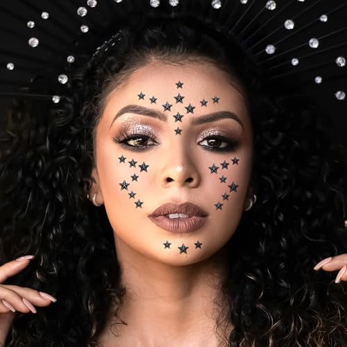 3 Sheets Face Gems Face Jewels, Self Adhesive Hair Gems Festival Star Rhinestone Stickers for Face, Eye, Makeup, Body, Stick on Gems, Star Face Stickers for Kids, Women(04. Black)
