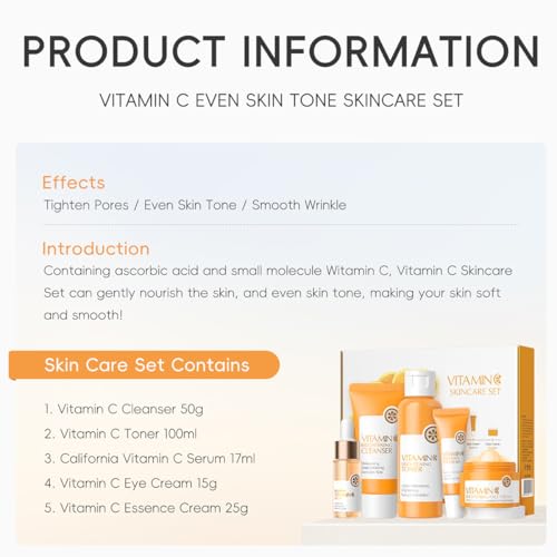 Vitamin C Skincare Set, Complete Face Care Kit with Cleanser, Toner, Serum, Eye Cream and Face Cream