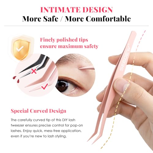 Tweezer P02 for DIY Lashes, Lash Application Tool, 1 PC Pointy Nano Coating Non-Stick Stainless Steel Curved Tweezer with a Protective Case, for Self-Adhesive/Pop-On Eyelash Extensions(Pink)