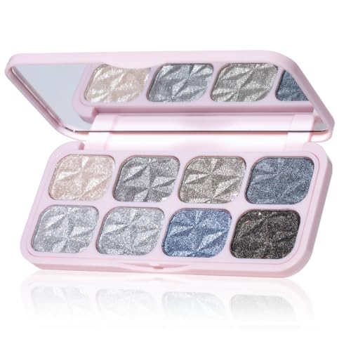8-Color Eyeshadow Palette, Platinum Crystal Cool, Silver Gray Metallic Shimmer Shades, Long-Lasting Waterproof Formula, Smooth Blendable Eye Makeup for Elegant & Cool Tone Looks