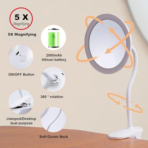 6.5" Clip-On Magnifying Vanity Mirror - 5X Magnification, USB Rechargeable, Lighted, Travel-Friendly (White)