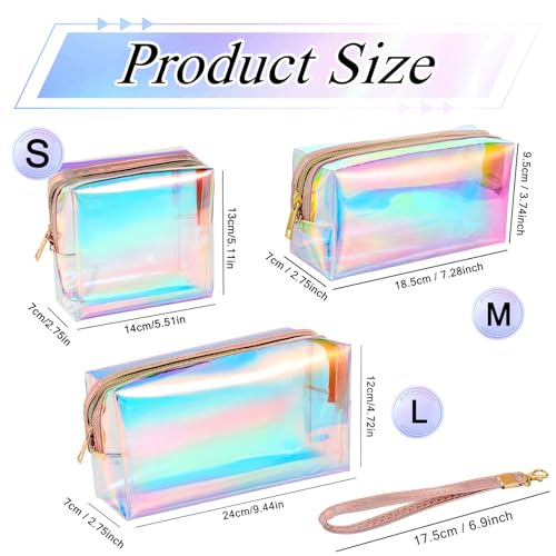 Dunzy 8 Pcs Holographic Iridescent Clear Makeup Bags with Zipper Travel Cosmetic Pouches with Wrist Loop Waterproof Toiletry Organizer Case Home Office Beach Pouch Purse Diaper Vacation Gift Bag(M)