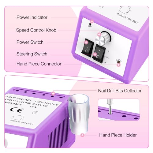 JIASHENG Professional Nail Drill, 30000rpm Electric Nail Drill Machine, Electric Nail File Drills for Acrylic Nails Kit Gel Nails Manicure Pedicure Tools, Purple
