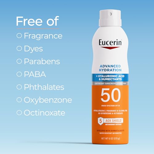 Eucerin Advanced Hydration SPF 50 Sunscreen Spray, Lightweight Spray Sunscreen with Hyaluronic Acid and Humectants, Hypoallergenic, Fragrance and Alcohol Free, 6 Oz Bottle