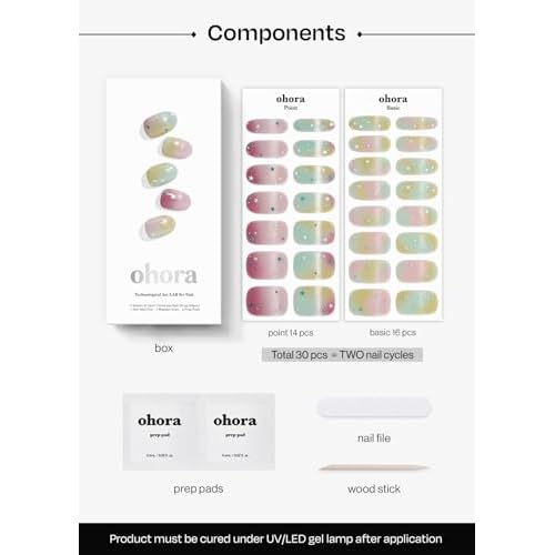 ohora Semi Cured Gel Nail Strips (N Starry Pop) - Works with Any Lamps, Salon-Quality, Long Lasting, Easy to Apply & Remove - Includes 2 Prep Pads, Nail File & Wooden Stick