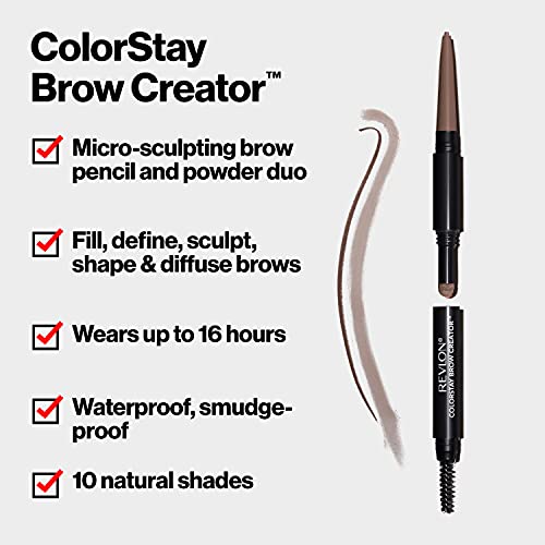 Revlon ColorStay Brow Creator, 2-in-1 Precise Eyebrow Pencil & Powder with Spoolie Brush, Waterproof & Long Lasting, 605 Soft Brown, 0.003 oz