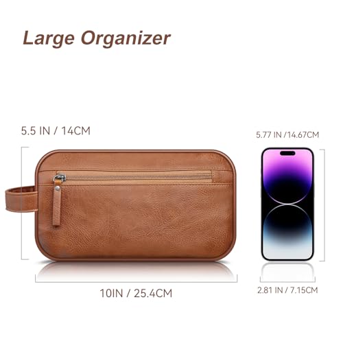 Travel Toiletry Bag for Men and Women, Travel Shaving Dopp Kit Water-resistant Bathroom Toiletries Organizer PU Leather Cosmetic Bags (Dark Brown)