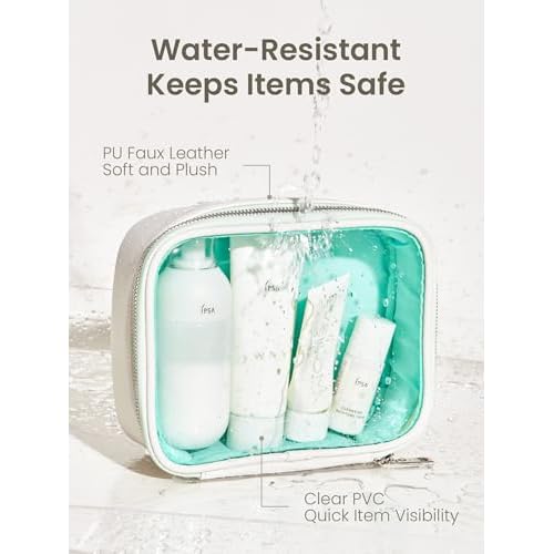 ROWNYEON Clear Makeup Bag,Leather Waterproof Cosmetic Bag,Travel Makeup Bag for Women,Portable Toiletry Bag Train Case with Zipper White(Small)