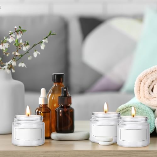 Layhit 12 Pcs 2oz/ 60ml Glass Jars with Lids Clear Small Jars with Plastic Woodgrain Lids, White Labels and Inner Liners Empty Round Cosmetic Containers for Creams Lotions Candle Making (Clear)