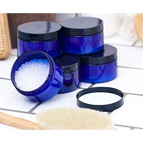 6 oz Cobalt Blue PET Plastic Jar With Black Smooth Lids (4 pack)
