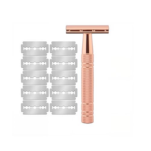 Men's and Women's Manual Razor Safety Razor with 10 Double Edge Blades, Double Edge Razor, Reusable Razor Kit, Eco-Friendly, Smooth Close Shave, Plastic-Free (Pink)