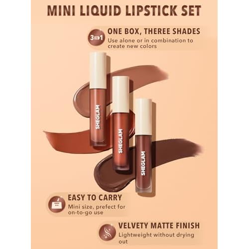 SHEGLAM Matte Allure 3 Pcs Mini Liquid Lipstick Set Nourishing Sunflower Oil Reduce Lip Fine Lines Long Lasting Travel Liquid Lip Stick - Nude Beach